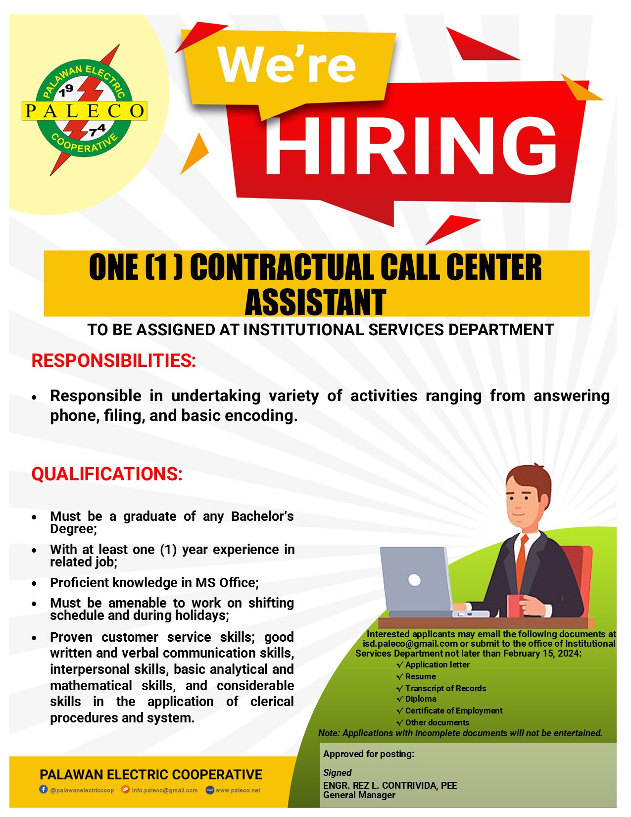 HIRING_ContractualCallCenterAssistant_02082024 – Palawan Electric ...