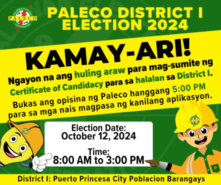 PALECO DISTRICT I ELECTION 2024 – OCTOBER 12, HULING ARAW PARA MAG-SUMITE NG CERTIFICATE OF CANDIDACY