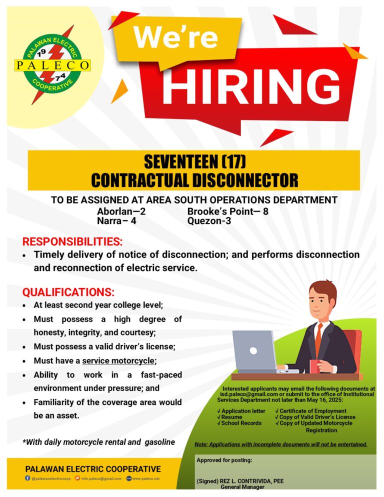 Hiring: Seventeen [17] Contractual Disconnector – Area South Operations Department