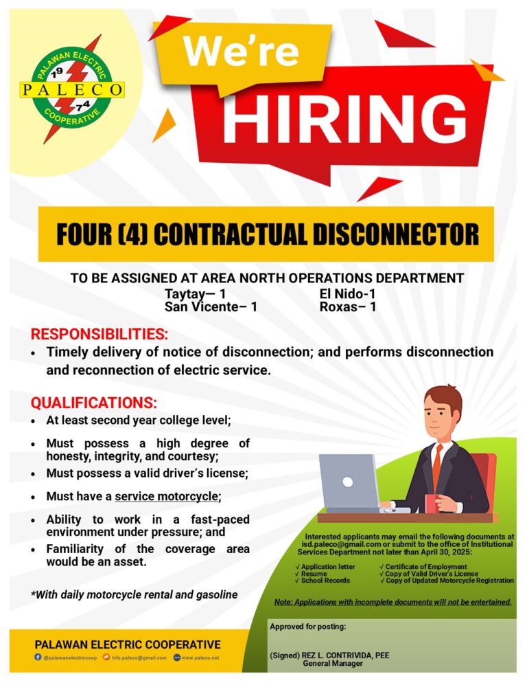 Hiring: Four [4] Contractual Disconnector – Area North Operations Department