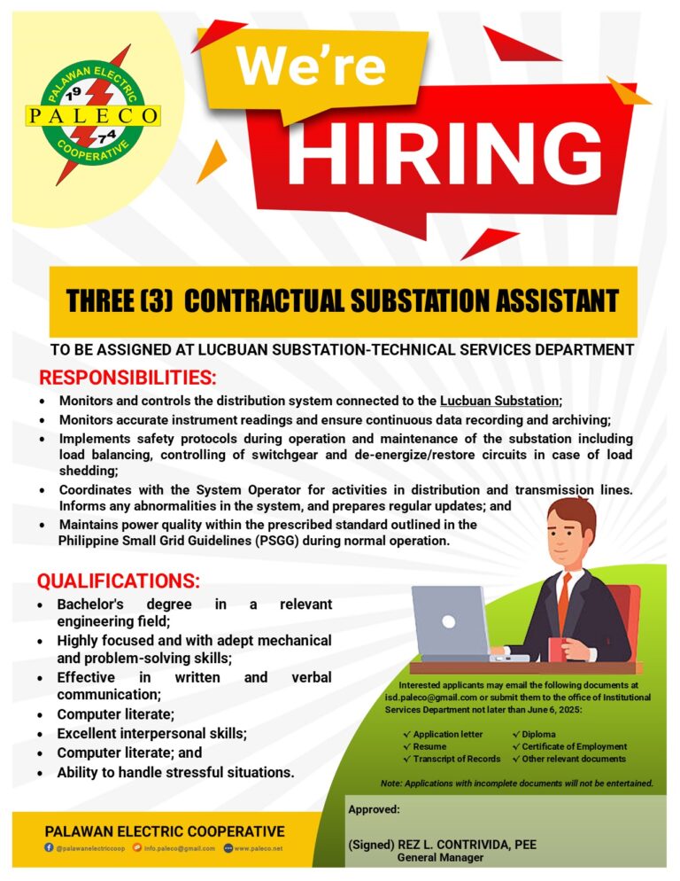 Hiring: Three [3] Contractual Substation Assistant