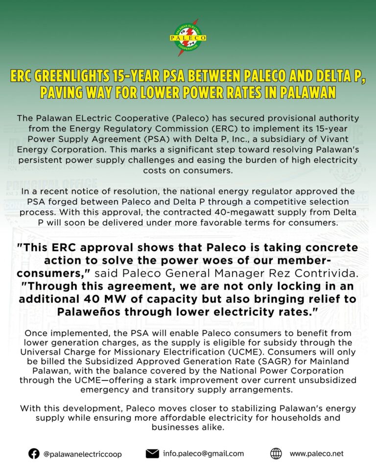 ERC Greenlights 15-Year PSA between Paleco and Delta P, Paving Way for Lower Power Rates in Palawan