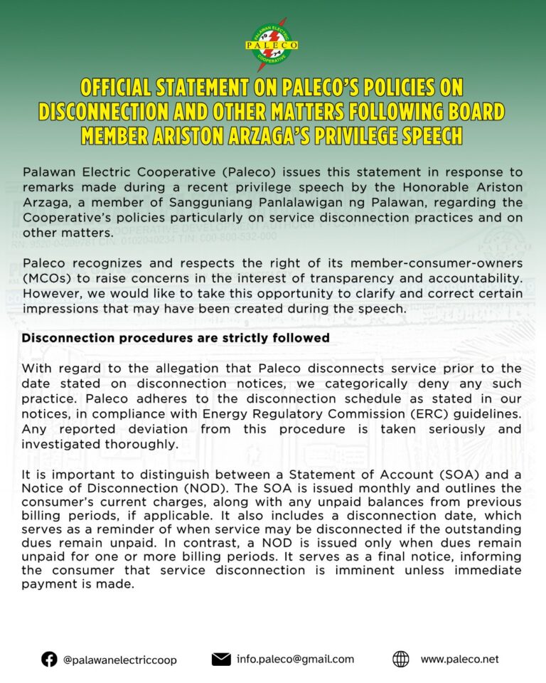 Official Statement on Paleco’s policies on disconnection and other matters following Board Member Ariston Arzaga’s privilege speech