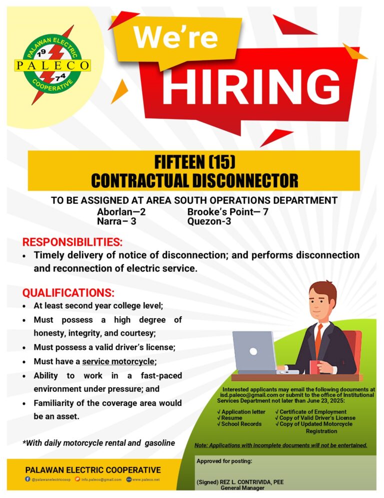 Hiring: Fifteen [15] Contractual Disconnector – Area South Operations Department