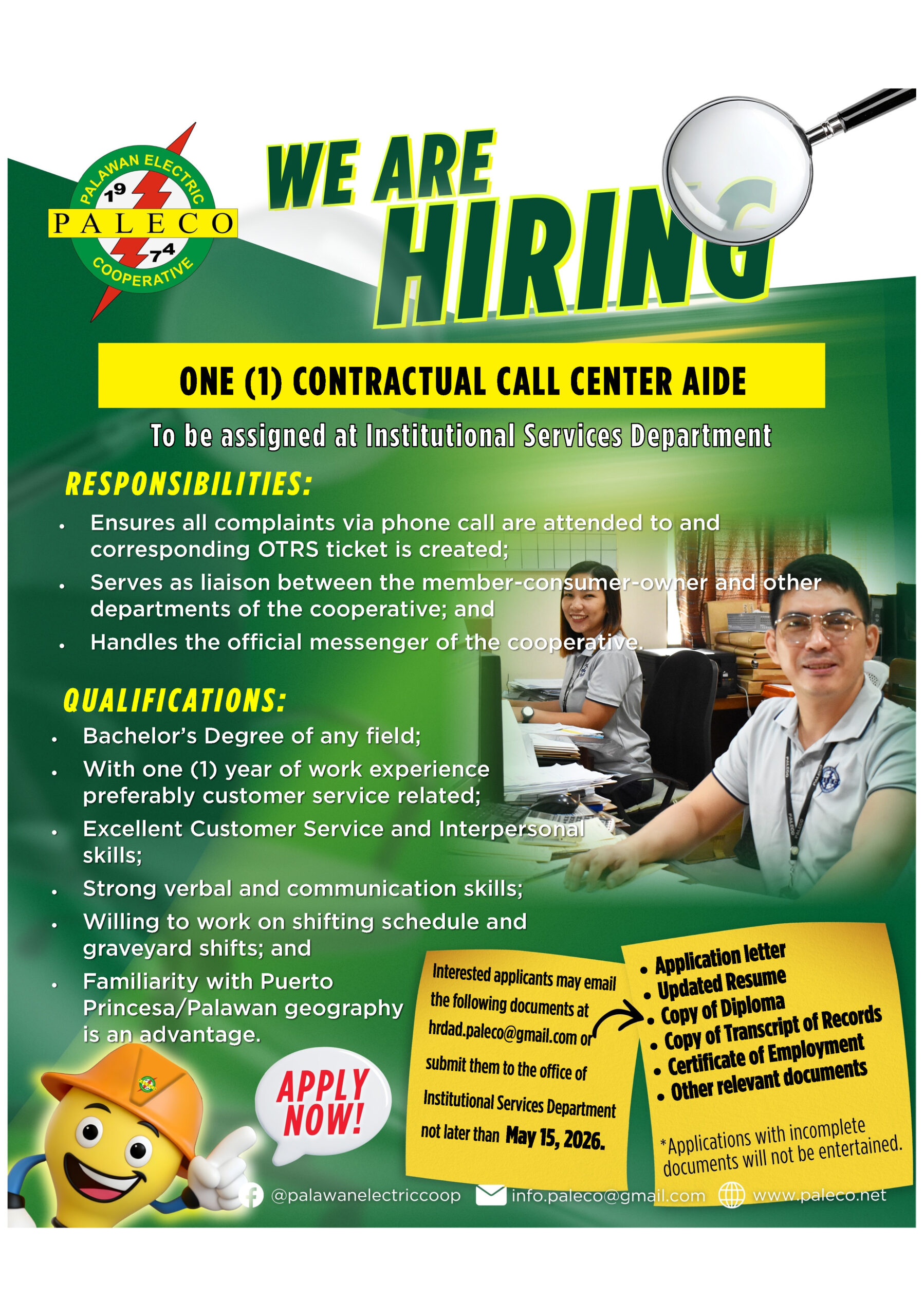 Hiring: One [1] Contractual Call Center Aide